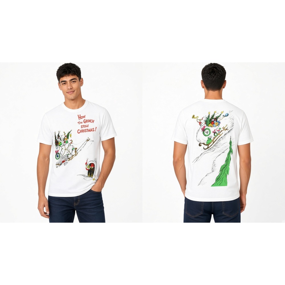 Dr. Seuss Grinch T-Shirt White M Christmas Sled How the Grinch Stole Christmas